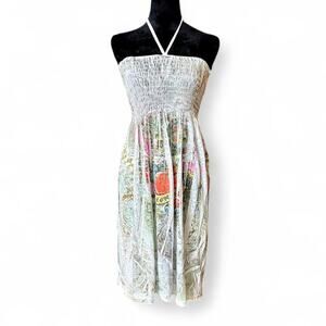 Y2K Smocked Graphic Halter Dress – Tattoo Print Convertible M/L